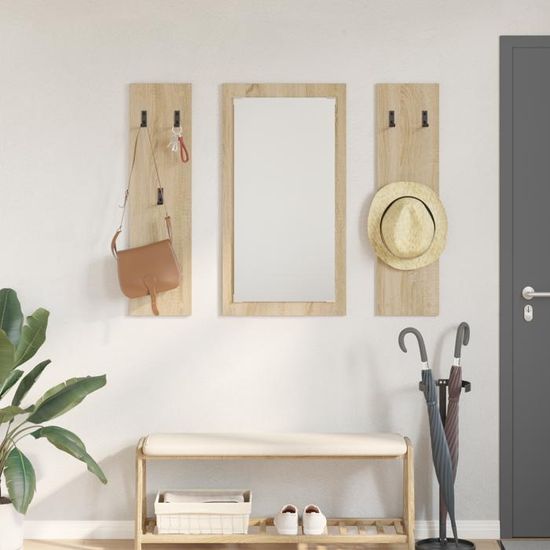 Porte-Manteau Mural En Bois ACAZA 88cm Chêne Clair - 8 Crochets - Vestiaire Entrée