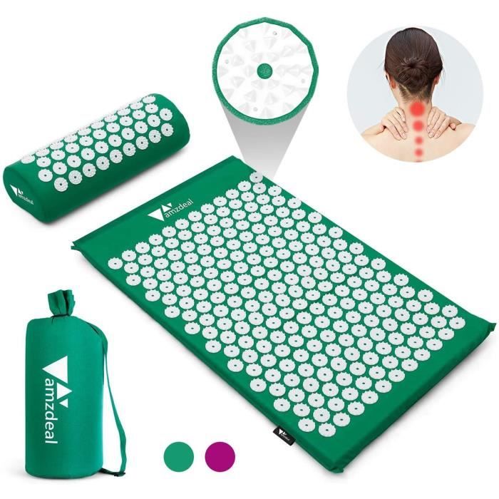 AMZDEAL Kit Tapis d'Acupression - Tapis de Massage - Tapis de Yoga d' Acupuncture - Oreiller de Massage et Sac de Transport - Vert