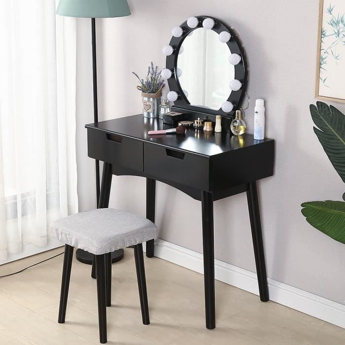 Table de maquillage avec Tabouret Avec LED Coiffeuse en MDF et Bois massif Meuble pour chambre appartement Cadeau pour filles/Femmes