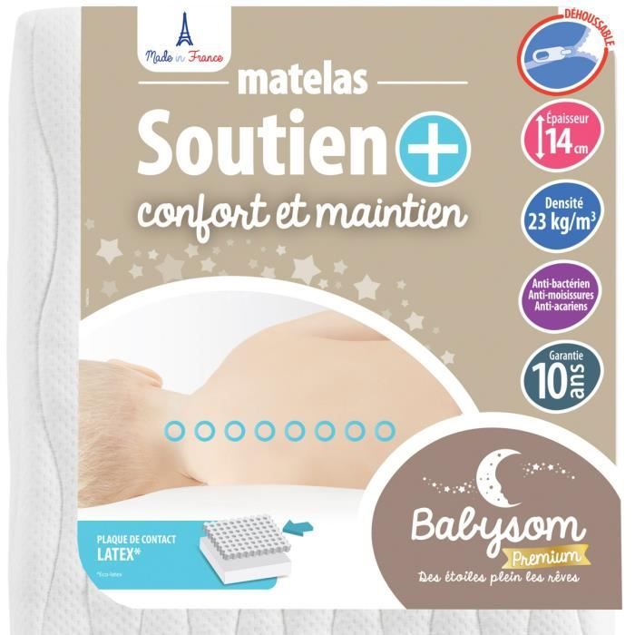Babysom - Matelas Bébé Soutien+ 60x120 cm | Anti-acarien | Contact Latex : Résistant et Aéré | Épaisseur 14 cm | Déhoussable