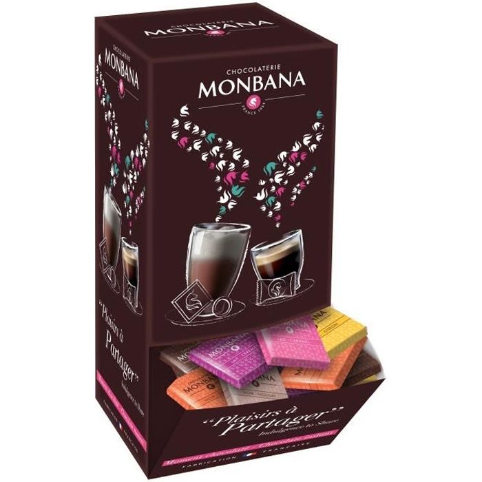 Monbana Coffret 800 gr Assortiment de 200 carrés de chocolat. 10 saveurs différentes, chocolat au lait, noir 70 %...