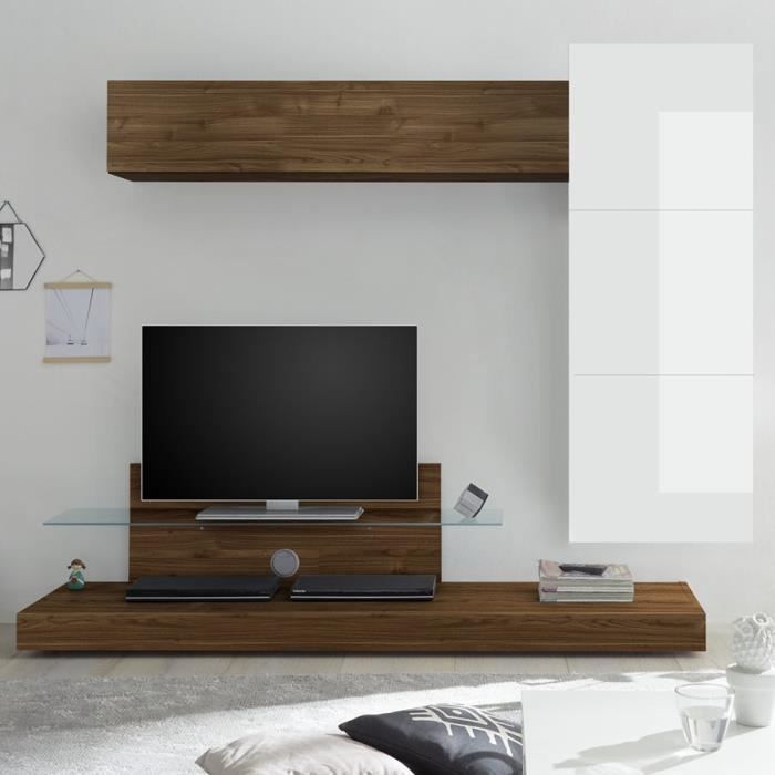 Meuble TV complet blanc laqué et couleur noyer CERANO Marron L230 x P 190 x H 50 cm