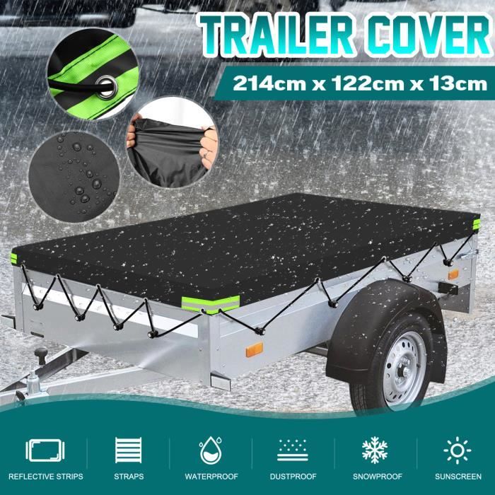 214cmx122cm Bache Housse Protection Couvre Remorque Étanche Ceinture Noir