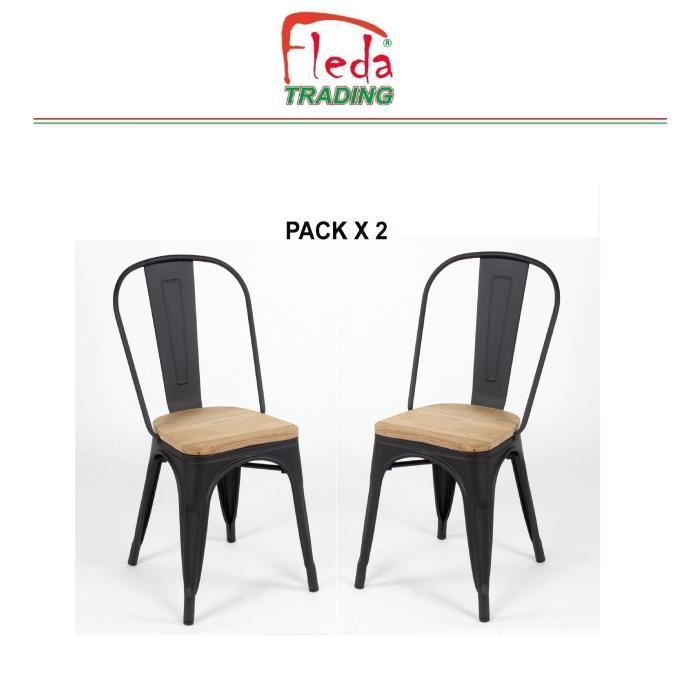 Chaises en métal de Style Industriel-Chic Package DE 2 Pieces Tolix Design Structure Noire Mat ET SIÈGE en Bois Naturel