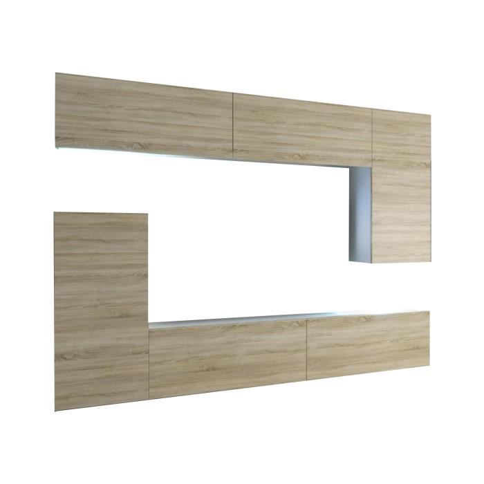 SLIDE - Ensemble meubles TV + LED - Unité murale moderne - Largeur 250 cm - Mur TV à suspendre - Aspect bois - Sonoma-Blanc