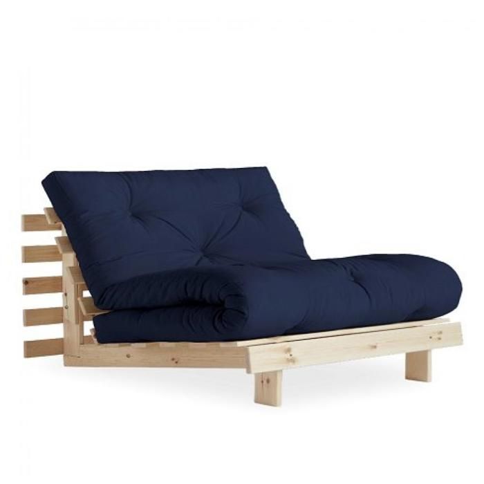 Fauteuil convertible futon RACINES pin naturel coloris bleu marine couchage 90 x 200 cm. bleu tissu Inside75