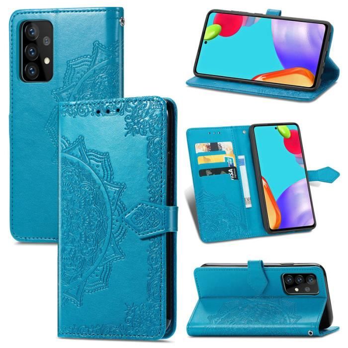 Coque Pour Samsung Galaxy A72 6.7-,Motif de mandala Portefeuille PU Cuir Housse étui Flip Magnétique Case-Bleu