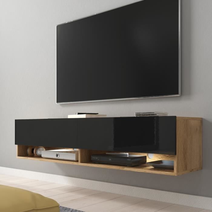 Meuble TV / Meuble de salon - WANDER - 140 cm - avec LED - chêne wotan / noir brillant - design moderne