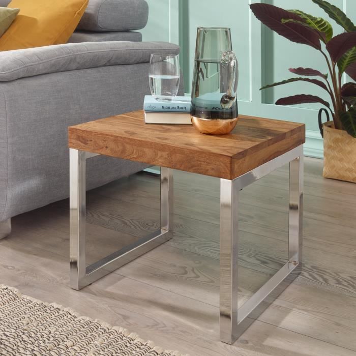 WOHNLING Side-Bois Massif Sheesham table de salon cadre métallique style campagnard table basse brun foncé naturel