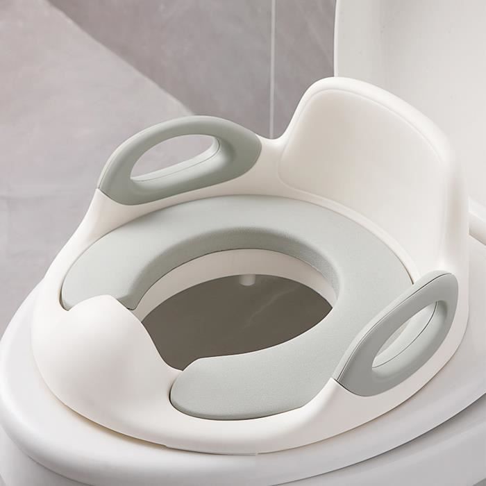 XMTECH Réducteur WC de toilette Bébé, Siège de Toilette pour Enfant avec Coussin Poignée Dossier, érgonomique Blanc et Gris