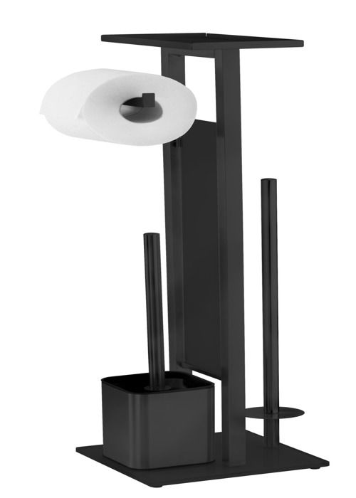 WENKO Serviteur WC DEBAR  Porte-papier + Brosse WC + Support Papier + Plateau antidérapant  Acier Inox  Noir  21x705x18 cm
