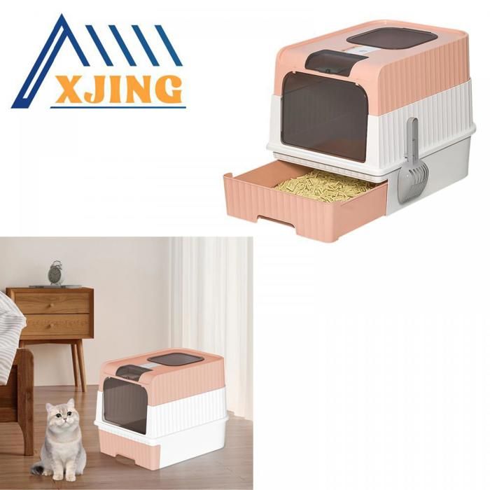 Meilleurs prix pour XJING Bac à litière pour chat pliable avec pelle à litière -Tiroir coulissant - Rose - 49*37*35cm - Facile à assembler