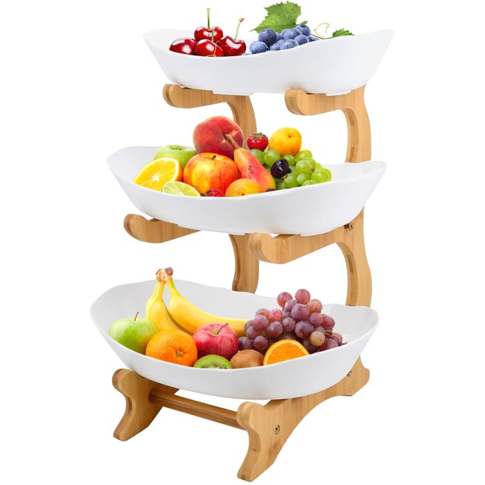 Corbeille à Fruits à 3 étages En Céramique - Support Métal Blanc - Pour Comptoir Cuisine, Snacks, Bonbons, Légumes