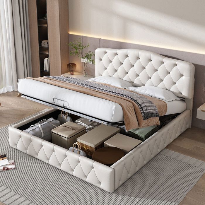 Lit Coffre Double 140x200cm, LED, Hydraulique Rangement, Cadre De Lit Coffre, Tête De Lit Avec Rangement Velours Gris
