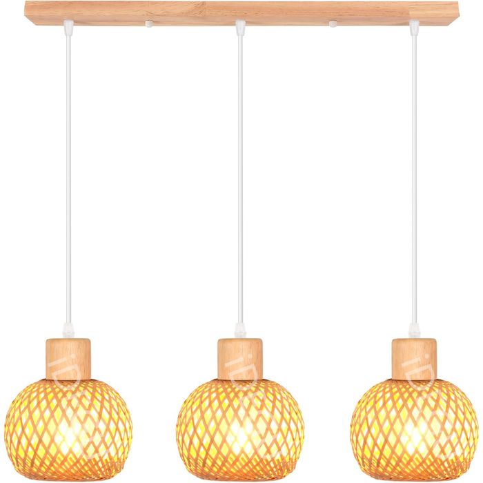 iDEGU 3lampes Lustre Industriel en Bambou et Bois Lampe 13cm Mini Abat-jour à Boule Rotin Vintage E27 Plafonnier Style Bohème