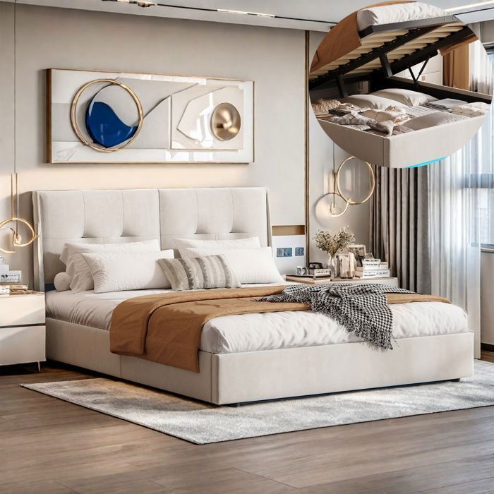 Lit 160x200 cm - COZY - LED - tissu en velours - cadre de lit double XL 160x200 cm - beige