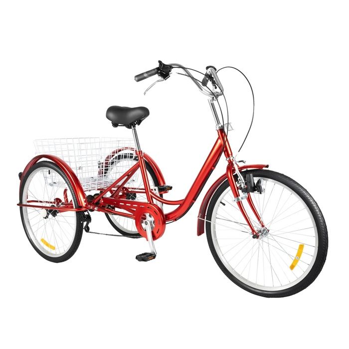 Tricycle pour adulte 24 , 6 vitesses, avec panier à provisions, siège rembourré, dossier tricycle, 3 roues pour adultes, pour les trajets en plein air, rouge
