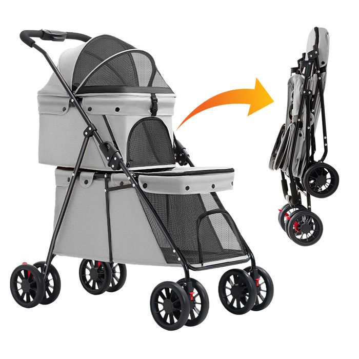 Comparer les prix de SUPFINE 2 en 1 Poussette pour Chien Chat 2 étages Poussette Double Pliable pour Chiens Chats jusquà 15 kg 2 Niveaux Gris