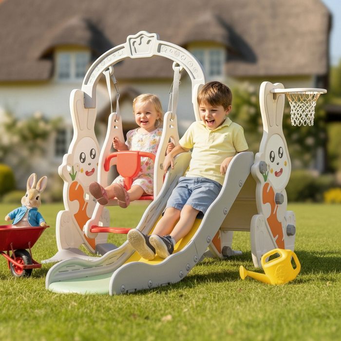 Toboggan 4 En 1 Multifonction – Toboggan, Balançoire, Escalier Et Panier De Basket – Pour Enfants De 1 à 6 Ans !