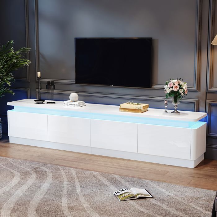 Meuble TV LED - Armoire TV bas avec 4 tiroirs - Style contemporain - 180x34x40cm - Blanc