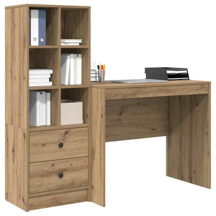 Bureau avec rangement - vidaXL - Chêne artisanal - Bois dingénierie - 90x50x76 cm - Avec tiroir - 6 étagères