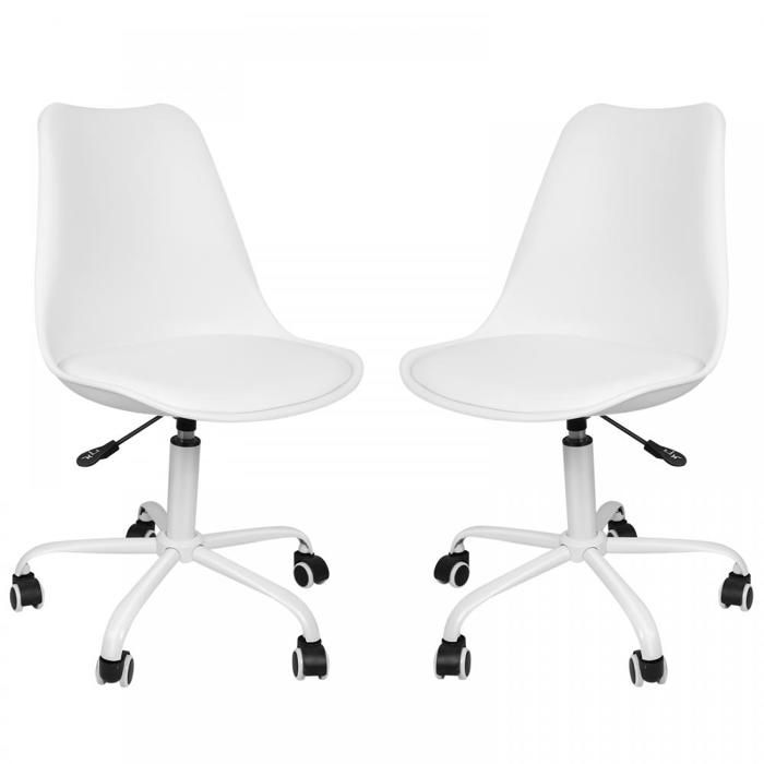 Lot de 2 Chaise de Bureau Moderne - Siège Rembourré à roulettes - Rotatif à 360° et Hauteur Réglable - 47x41x83-95 cm - Blanc
