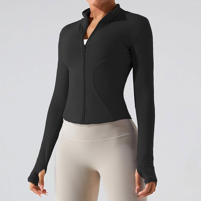 SHLK 1pcs T-SHIRT DE YOGA fermeture éclair veste de yoga à manches longueshaut de fitnessNoir