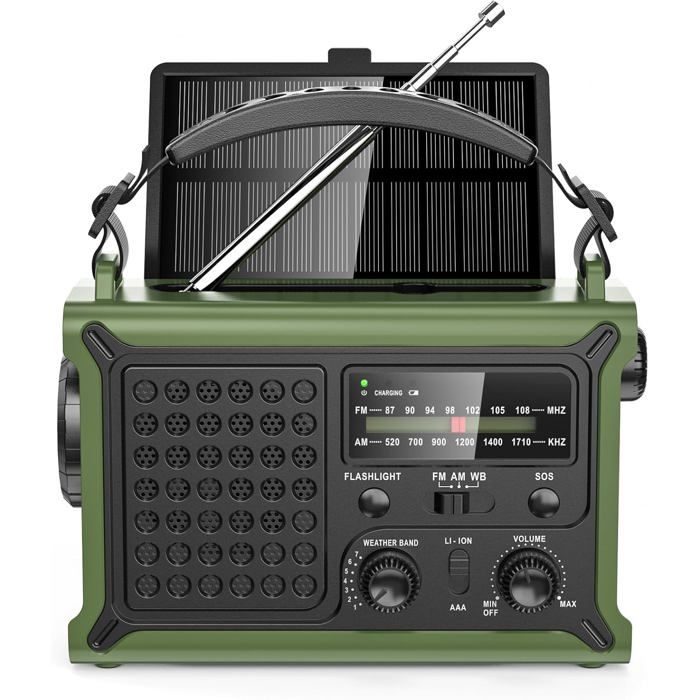 12000mAh Radio Dynamo Survie Radio Solaire avec Manivelle AM/FM avec Grande bâche Solaire qualité sonore HiFi SOS Lampe de Poche