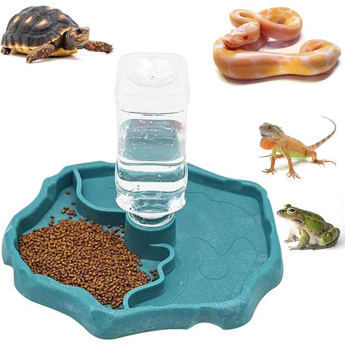 Distributeur d& 39 eau pour Reptile Mangeoire Gamelle Tortue Terrestre Abreuvoir Tortue Terrestre 2 en 1 Distributeur Bleu