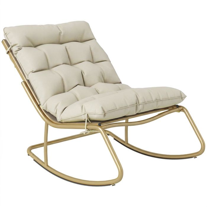 Fauteuil à bascule extérieur - Outsunny - coussin moelleux 125cm - acier et textilène - large 64cm - beige et doré