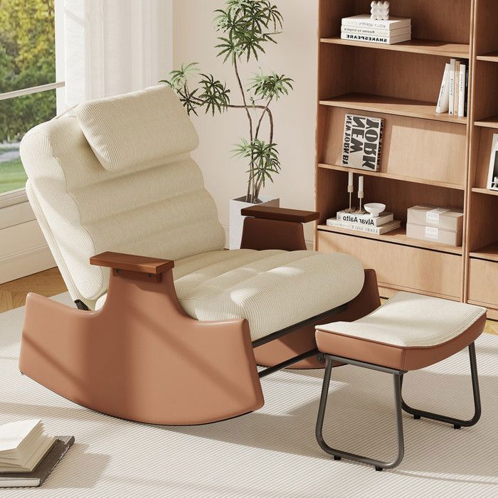 Fauteuil à Bascule Rocking chair Dossier Réglable avec Appui-Tête Repose pieds Indépendant Pour le salon Velours côtelé Beige