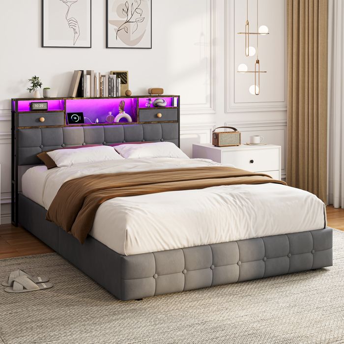 Lit hydraulique 140x200 cm avec rangement - Boxspring 2 tiroirs - Cadre à lattes - Velours gris - Sans matelas
