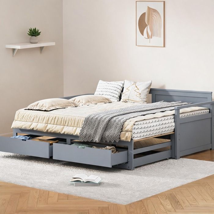 Pour chambre ou petit espace lit daybed 2-en-1 convertible gain de place pin massif gris neutre