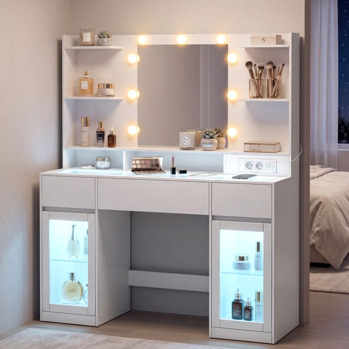 Coiffeuse avec Miroir LED avec Bandes Lumineuses 2 Placards Vitrés 3 Tiroirs 8 Étagères Style Moderne Blanc Coiffeuse avec Miroir LED avec Bandes Lumineuses 2 Placards Vitrés 3 Tiroirs 8 Étagères Style Moderne Blanc