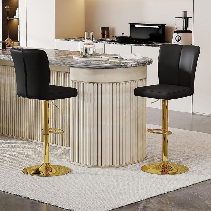 Tabouret de bar réglable - KOMHTOM - Lot de 2 - Noir et Or - Rotation 360° - Hauteur 63-85 cm