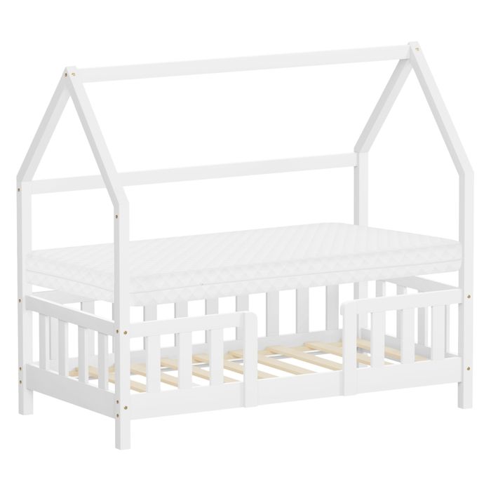 Lit cabane enfant simple ML-Design 70x140 cm bois blanc avec matelas antichute et sommier inclus Lit cabane enfant simple ML-Design 70x140 cm bois blanc avec matelas antichute et sommier inclus