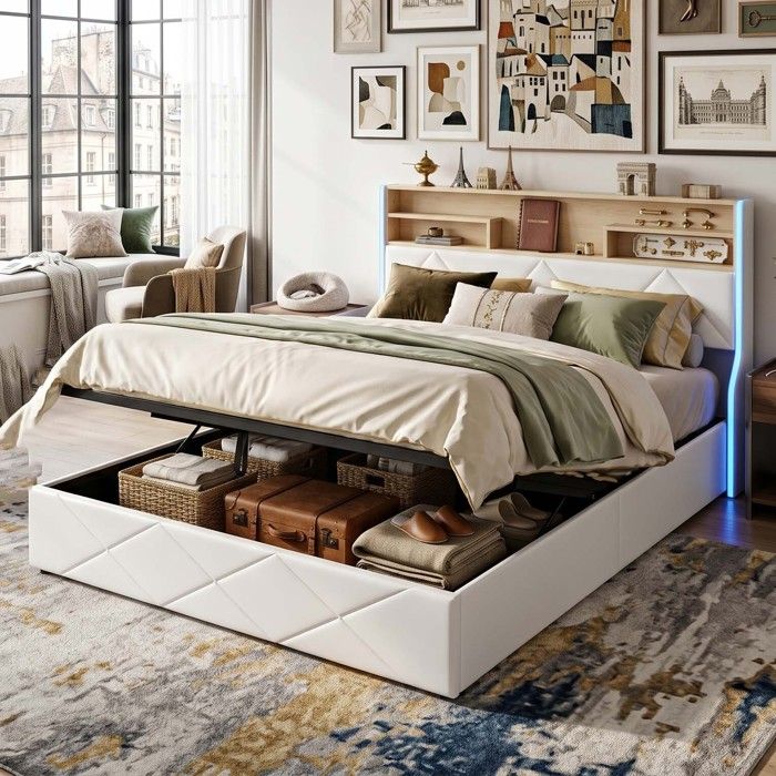 Lit Hydraulique 160x200cm avec Grand Coffre de Rangement Tête de Lit au Design Géométrique Éclairage LED & USB PU Blanc Chic