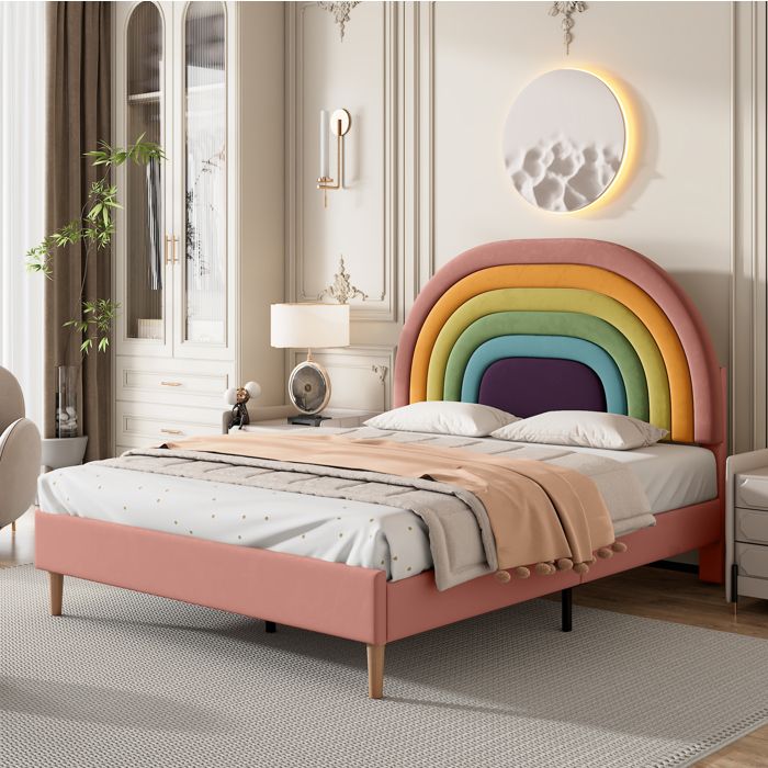 Lit rembourré 140 x 200 cm en velours rose avec sommier à lattes et tête de lit réglable