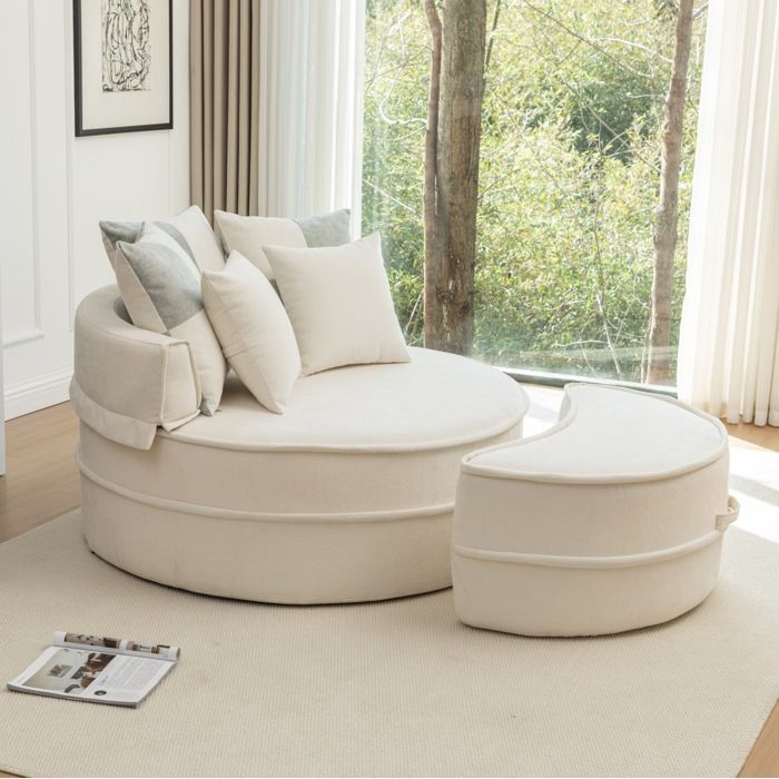 Fauteuil rond 1 place avec ottomane beige chenille 5 coussins sans montage