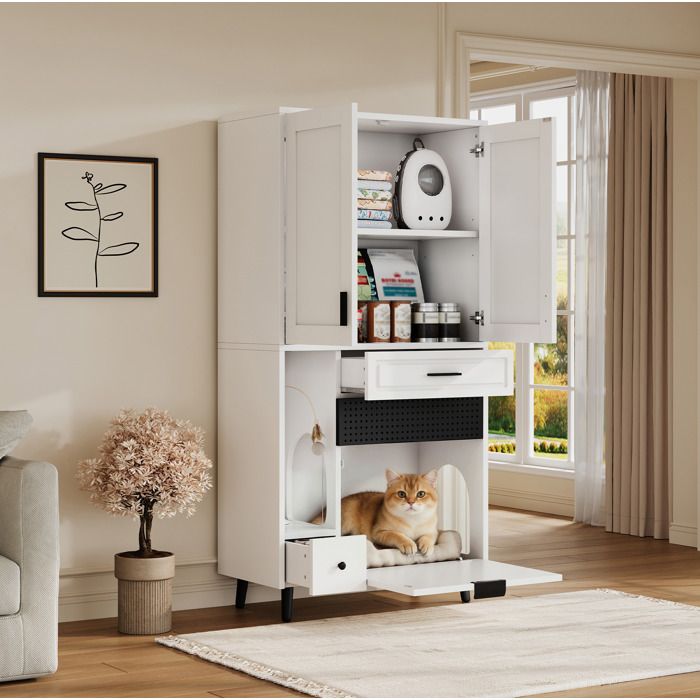 Meuble pour chat dissimulé avec étagères réglables tiroirs et niche avec portes - ELVMI - Blanc 80×40×161 cm