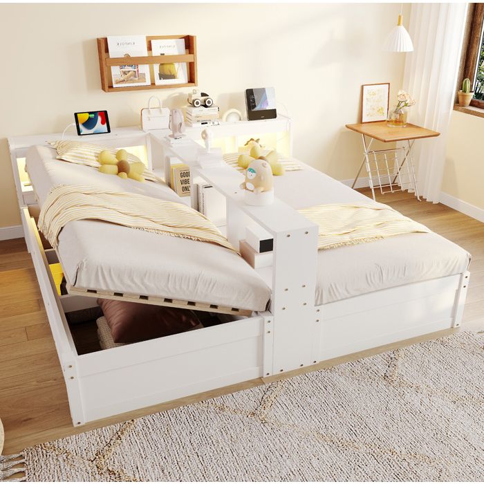 Lit Combiné Double 180×200 cm LED prises intégrées et coffre - ELVMI - sans matelas bois blanc