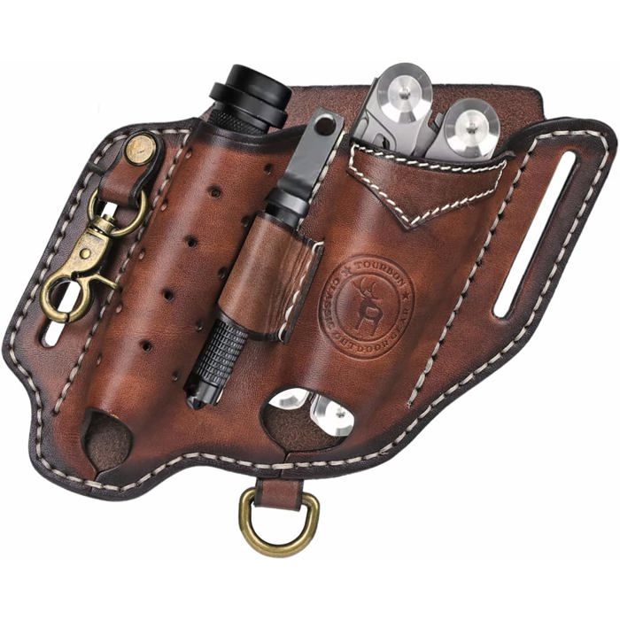 Étui multifonction pour ceinture en cuir EDC Organiseur de poche avec porte-clés et étui de lampe de poche