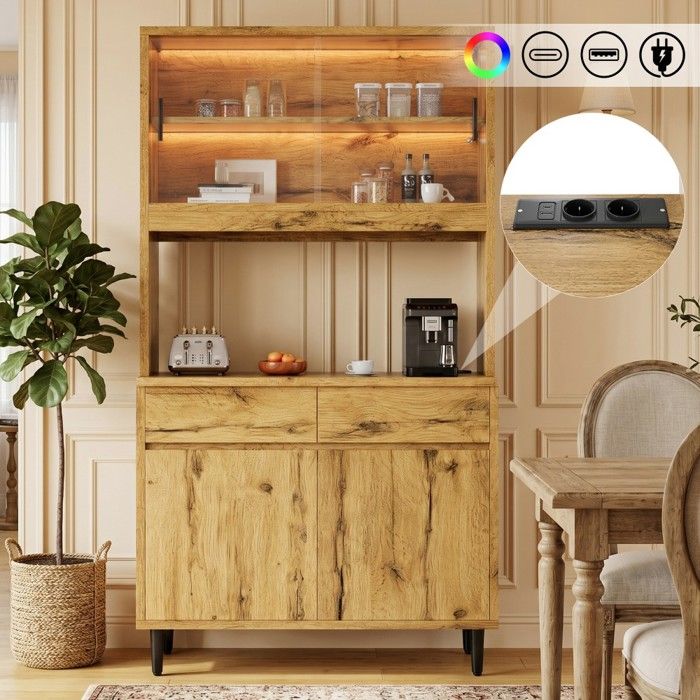 Buffet haut salle à manger 100x40x185cm rangements multi-niveaux USB A/C lumière LED finition chêne Buffet haut salle à manger 100x40x185cm rangements multi-niveaux USB A/C lumière LED finition chêne