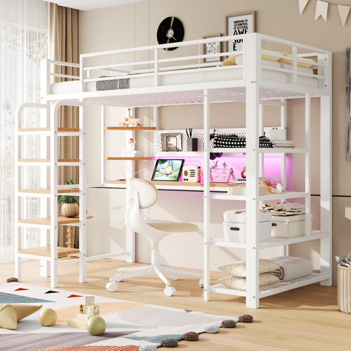 Lit mezzanine gaming 90 x 200 cm avec bureau gaming bureau et LED métal et bois blanc