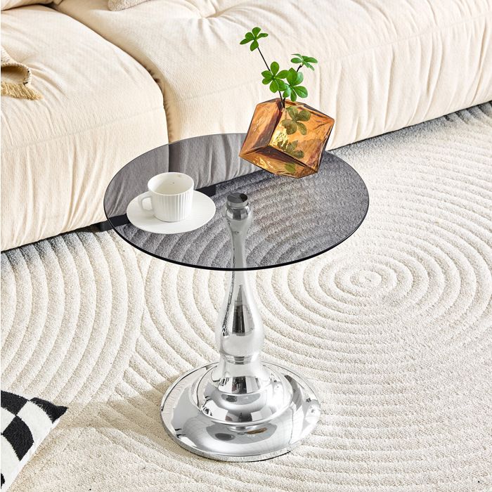 Table d’appoint ronde en verre trempé 50 cm argentée design moderne pour salon