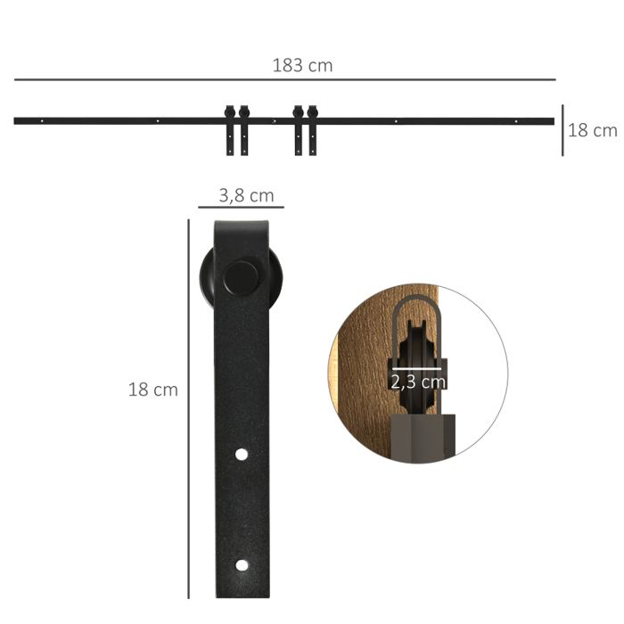 Système de porte coulissante pour portes doubles en bois rail avec accessoires en acier au carbone noir 183 x 0 6 x 18