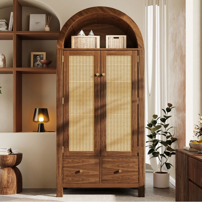 Armoire de chambre 181 x 78 x 45 cm en MDF et métal couleur noyer portes en cannage 2 tiroirs barre de penderie