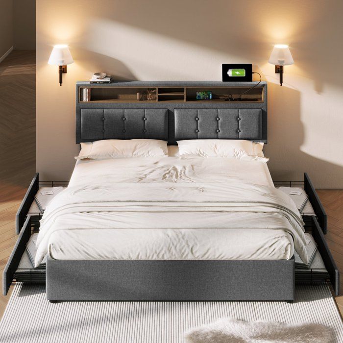 Lit coffre 140x200 avec tête de lit réglable 4 tiroirs de rangement ports USB et prise sommier à lattes en bois