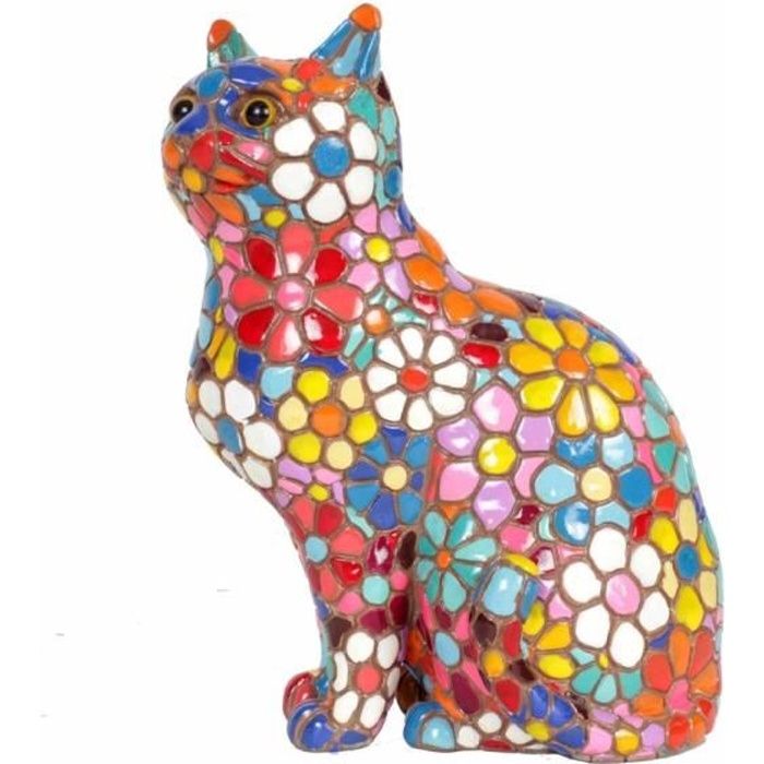 Statue En Resine Chat Assis En Mosaique De Fleurs Multicolore 18 Cm Cdiscount Maison