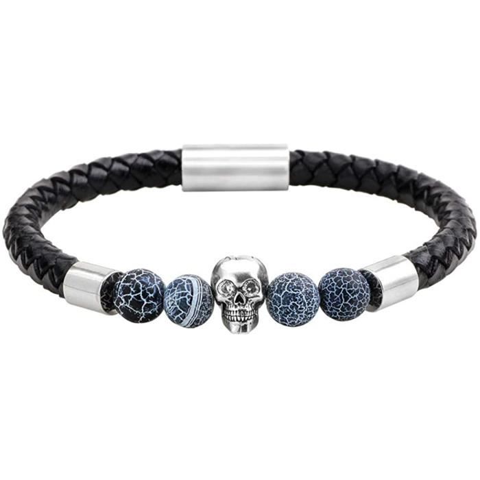 bracelet perles noires et crâne  - Bracelets- homme.com